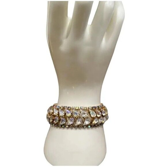 VTG Weiss Bracelet Size 7.5 Double Row Rainbow AB Rhinestones Gold Plated Signed - Picture 1 of 12